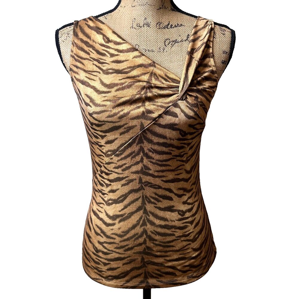 Cache Y2K Brown/Beige/Gold Tiger Print Twist Front Sleeveless Top Sz S/M